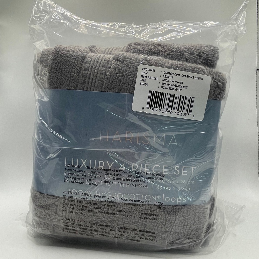 Charisma Towel Set Unisex 4PK Grey NEW Hygro Cotton Luxury CSDH-TW-HW-03